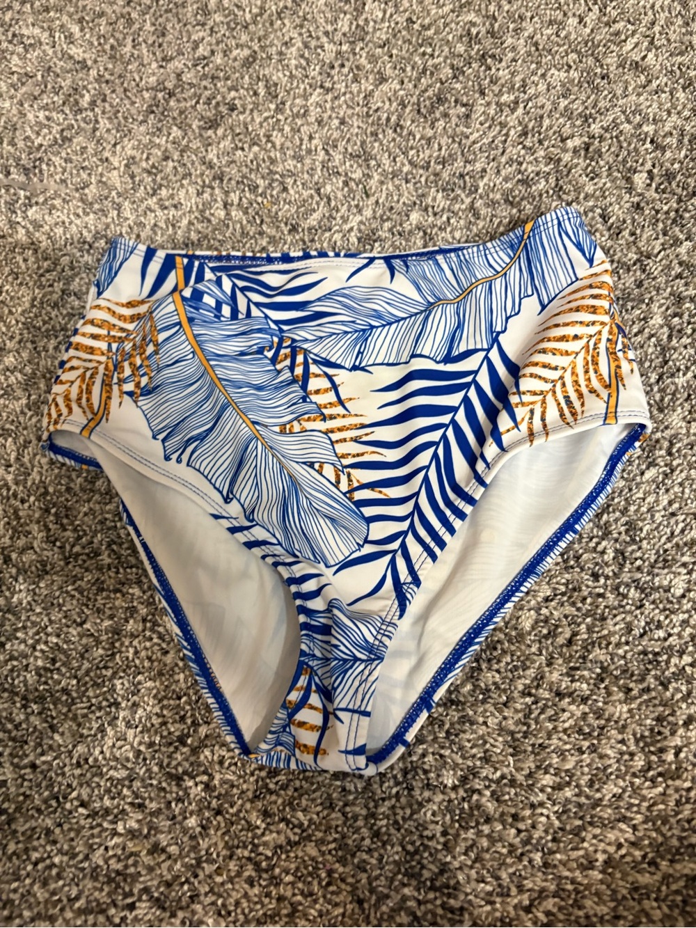 SHEIN White Bikini Bottoms with Blue and Gold Leaf Print